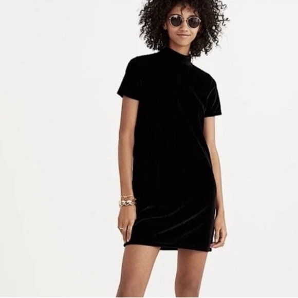 Madewell Black Velvet Mock Neck Short Sleeve Stretch Dress Size Large - Picture 1 of 6